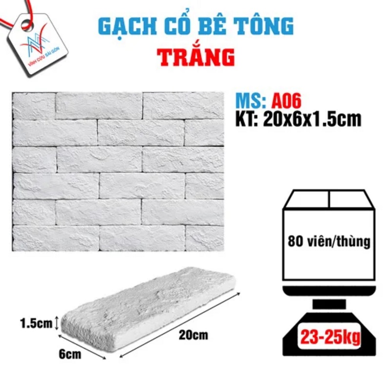 Gạch cổ ốp tường trắng 200x60x15mm A06