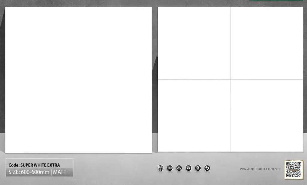 [DSC-Super White Extra] Gạch ốp lát men matt màu trắng MKD, KT 600x600mm, mã Super White Extra