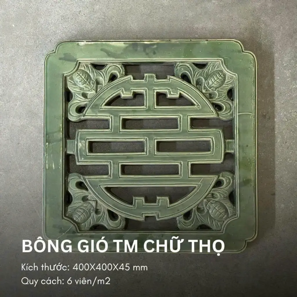 [DSC-HQ400] Gạch bông gió gốm chữ thọ xanh tráng men, KT 400x400mm mã CT400 (6v/m2)