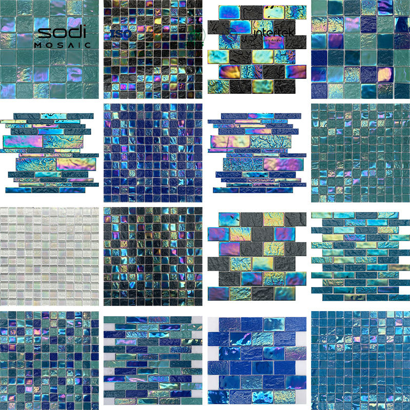 [DSC-2607-43798] Gạch Mosaic Thủy Tinh Bóng Mặt Iridescent Lấp Lánh Xanh Trộn Trang Trí Bể Bơi, Spa Khách Sạn