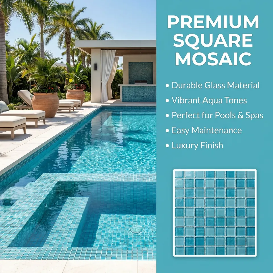 [DSC-2608-85212] Gạch mosaic kính ánh kim Aqua Blue 300x300mm dạng vuông, men hiệu ứng mây, ốp tường hồ bơi