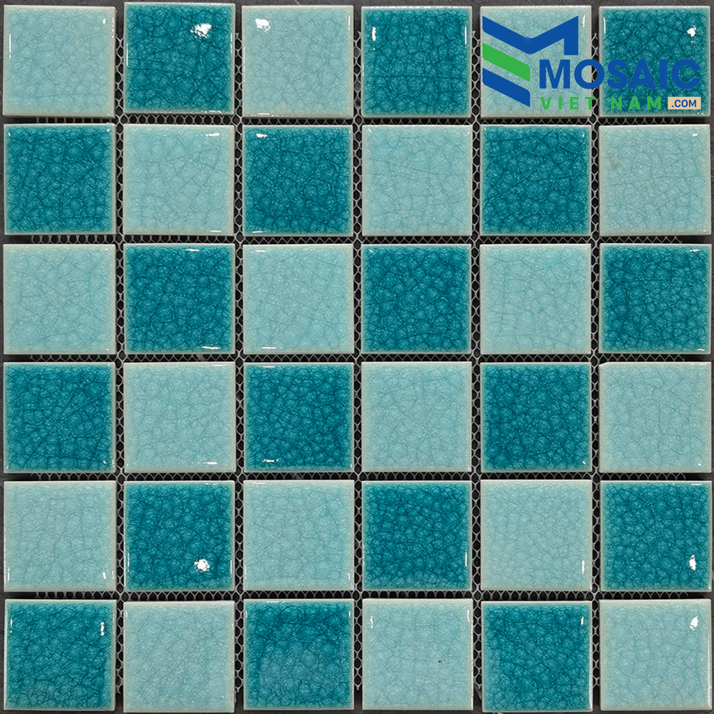 [DSC-2608-35358] Gạch Mosaic Gốm men rạn màu xanh ngọc bàn cờ 48x48x6mm MG48-19
