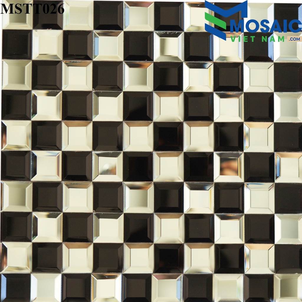 [DSC-2608-21975] Gạch Mosaic Kim cương vát cạnh-thủy tinh tráng gương đen trắng 30×30 MSTT 026