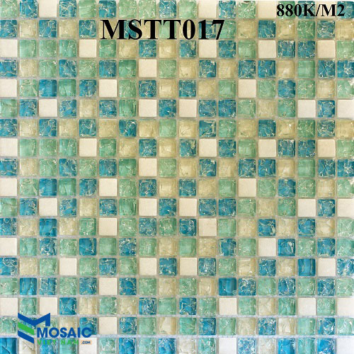[DSC-2608-24778] Gạch Mosaic Thủy tinh xanh ngọc rạn+đá trắng 15x15x8mm MSTT017