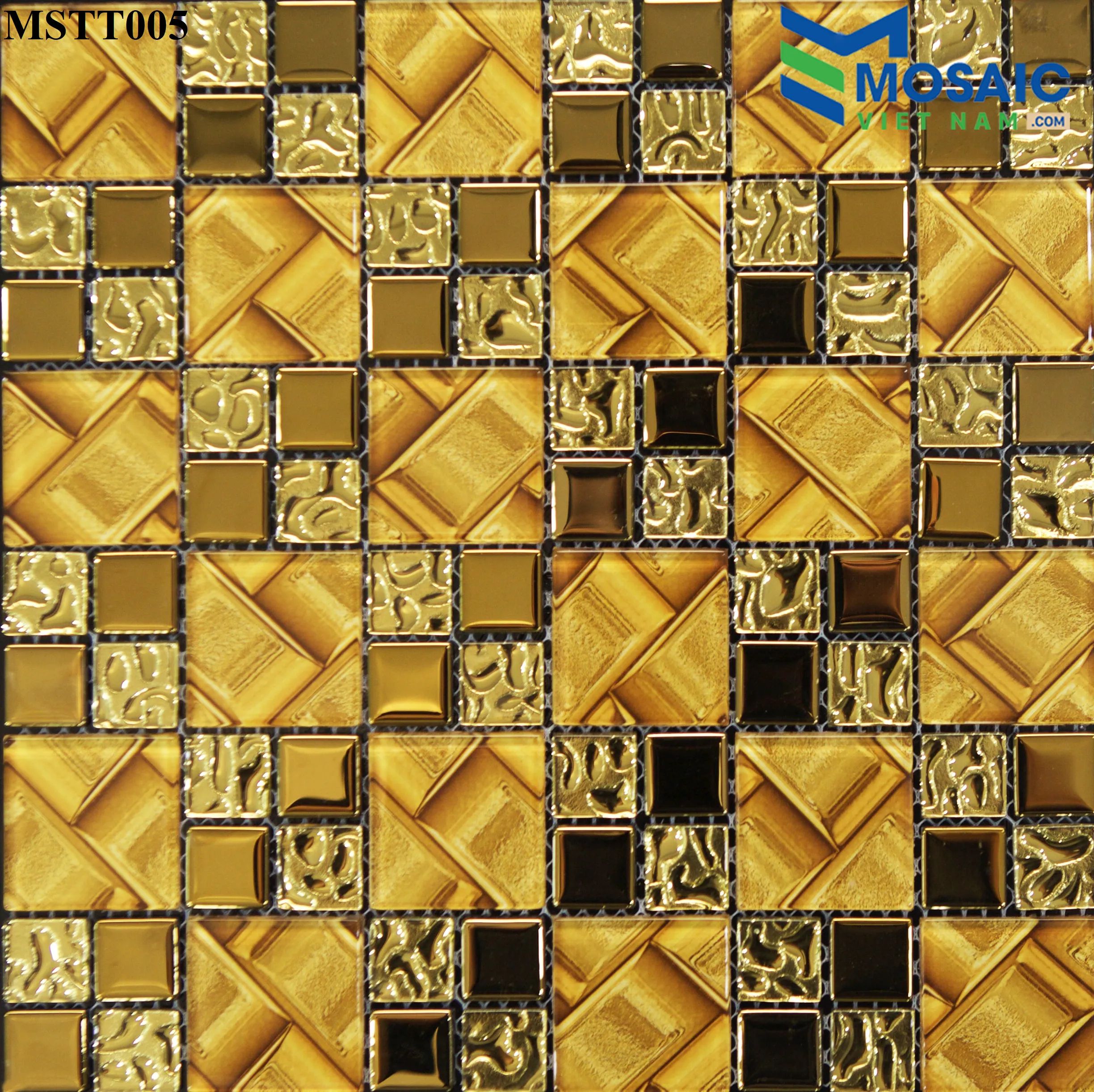 [DSC-2608-12809] Gạch Mosaic Thủy tinh tĩnh điện vàng hạt to nhỏ 48×48/23x23mm MSTT 005