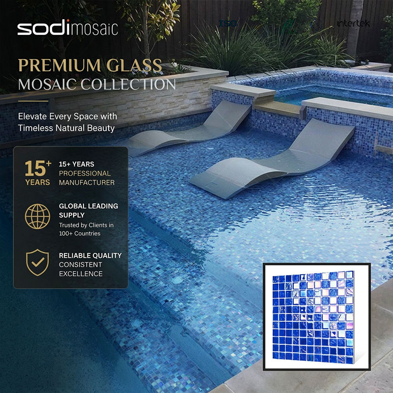 [DSC-2607-17280] Gạch mosaic kính xanh biển họa tiết sóng vuông bóng, chống trượt, trang trí tường và sàn hồ bơi