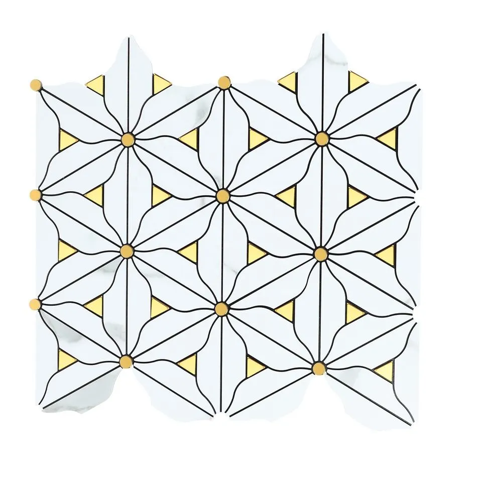 [107327933844] Best Seller White Flower Pattern WaterJet Mosaic 4mm Peel and Stick Aluminium Mosaic Tile for Hotel