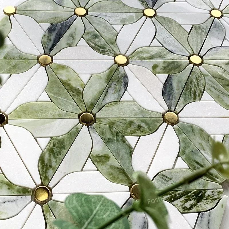 [106583047143-8742a9] Waterjet Flower Pattern Marble Mosaic Brass Inlay Tile Mosaic Tile for Kitchen Backsplash and Bathroom Wall Tile