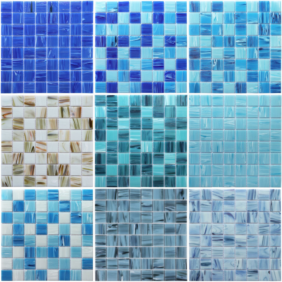 [DSC-2607-24730] Gạch mosaic kính xanh coban phối xanh đại dương ốp lát hồ bơi