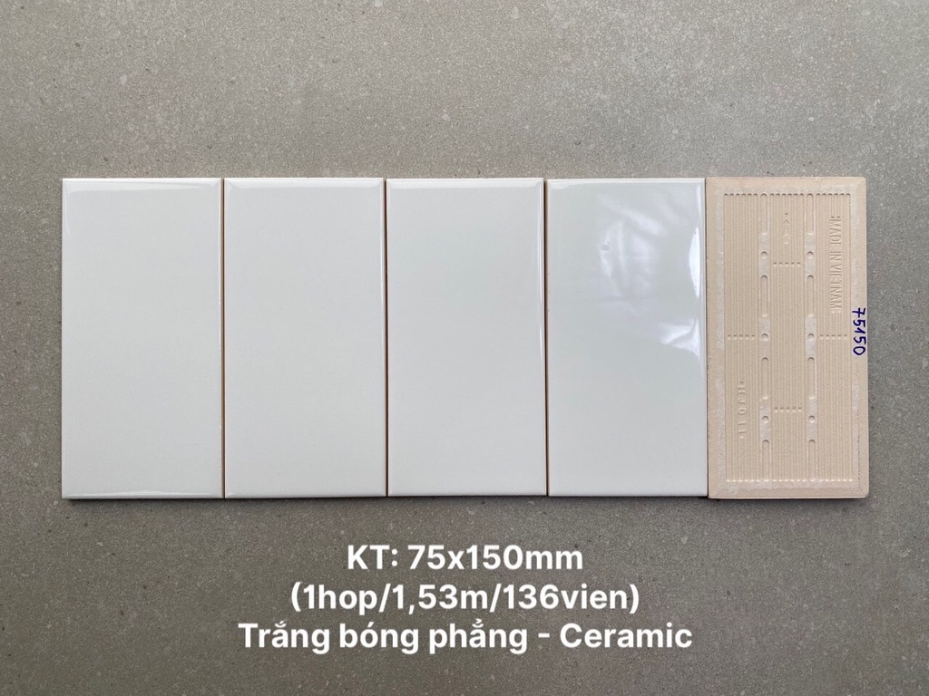 G​​ạch thẻ Việt Nam  KT 75x150mm trắng bóng phẳng loại 1  mã STA75150